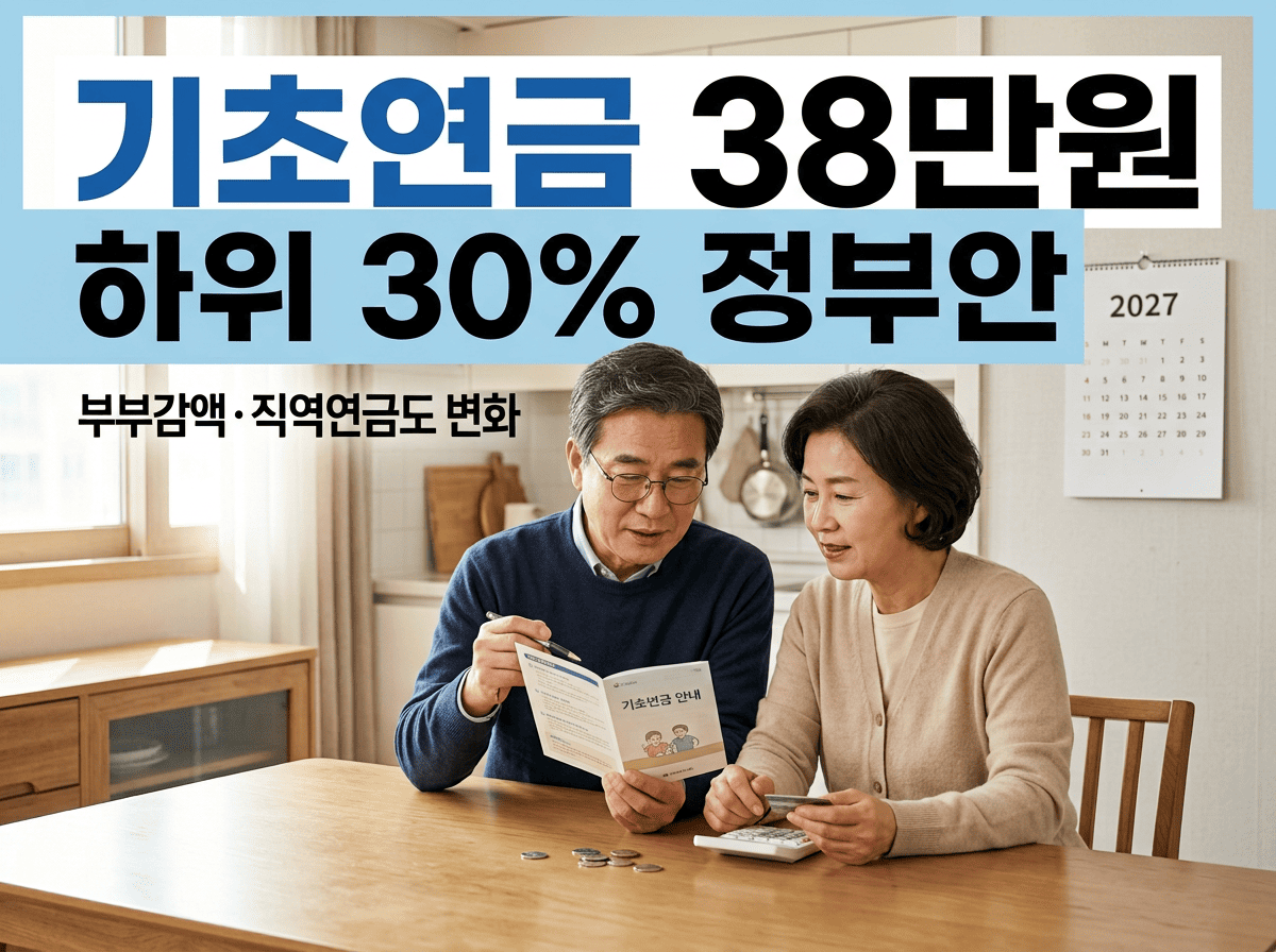 연금 안내 자료와 계산기를 확인하는 노년 부부와 2027 기초연금 38만원 정부안 문구