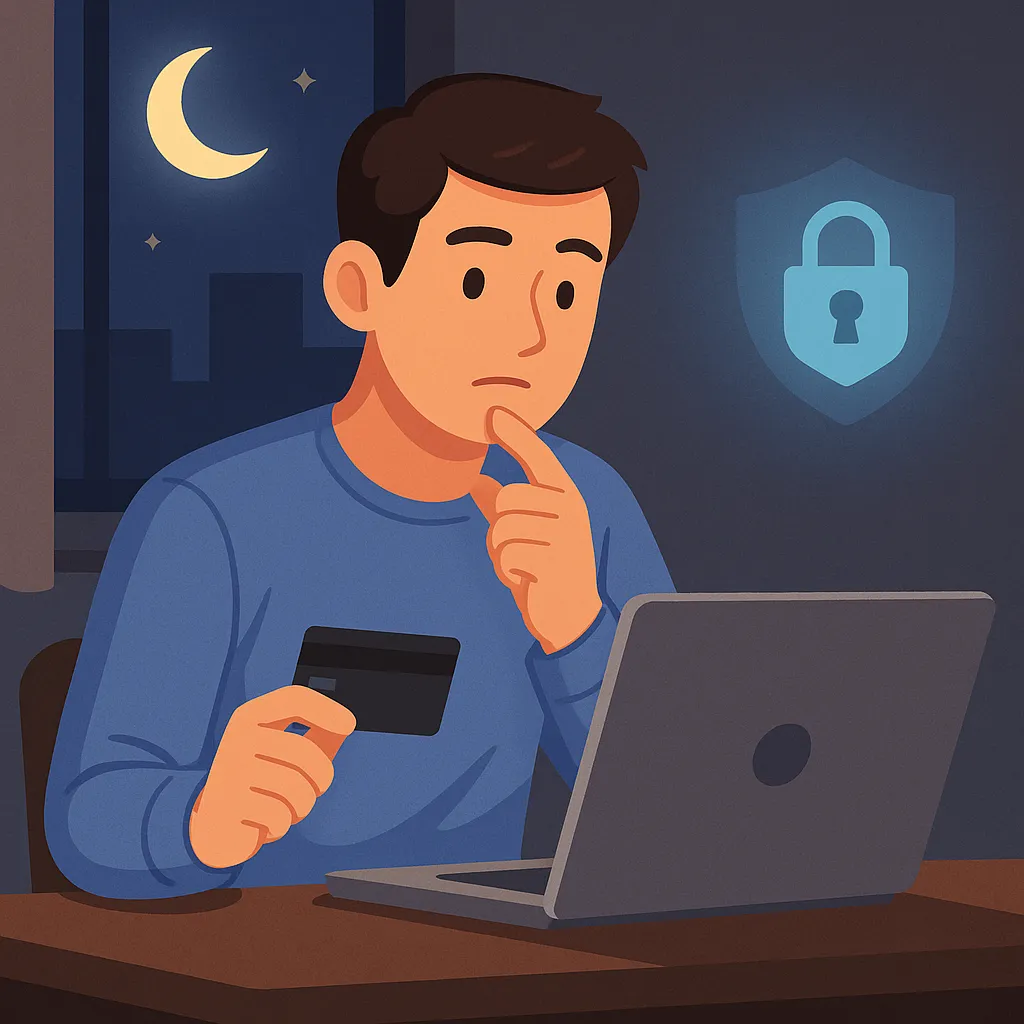새벽-시간대-노트북으로-온라인-결제를-하며-보안과-안전을-고민하는-남성의-모습-야간-결제의-안전성에-대한-호기심을-표현한-장면