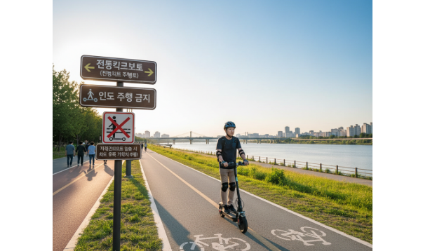 한강 공원에서 전동킥보드를 타는 모습