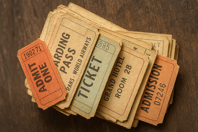 테이블 위에 오래되고 낡은 티켓 뭉치가 묶음으로 놓여 있습니다.