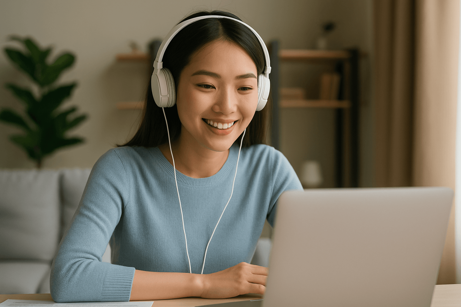 밝은 표정으로 온라인 강의를 수강하는 한국인 30대 여성, 집에서 헤드폰을 착용하고 노트북을 보는 모습