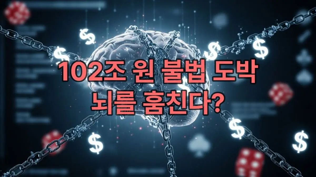 디지털 족쇄와 달러 기호에 얽혀 고통받는 뇌, 불법 도박이 뇌 기능을 손상시키는 모습을 형상화한 이미지.