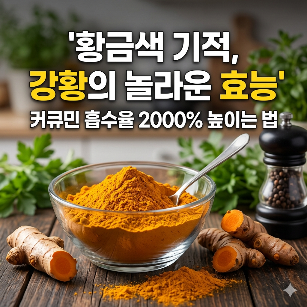 천연 소염제 강황의 효능과 커큐민 흡수율 높이는 법'이라는 정보성 한글 텍스트가 포함된 건강 블로그 썸네일