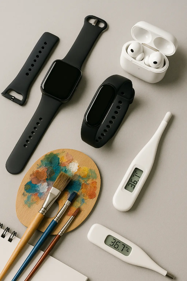 스튜디오 배경 위에 배열된 스마트워치, 피트니스 밴드, 무선 이어폰, 체온계 등 웨어러블 헬스기기 구성