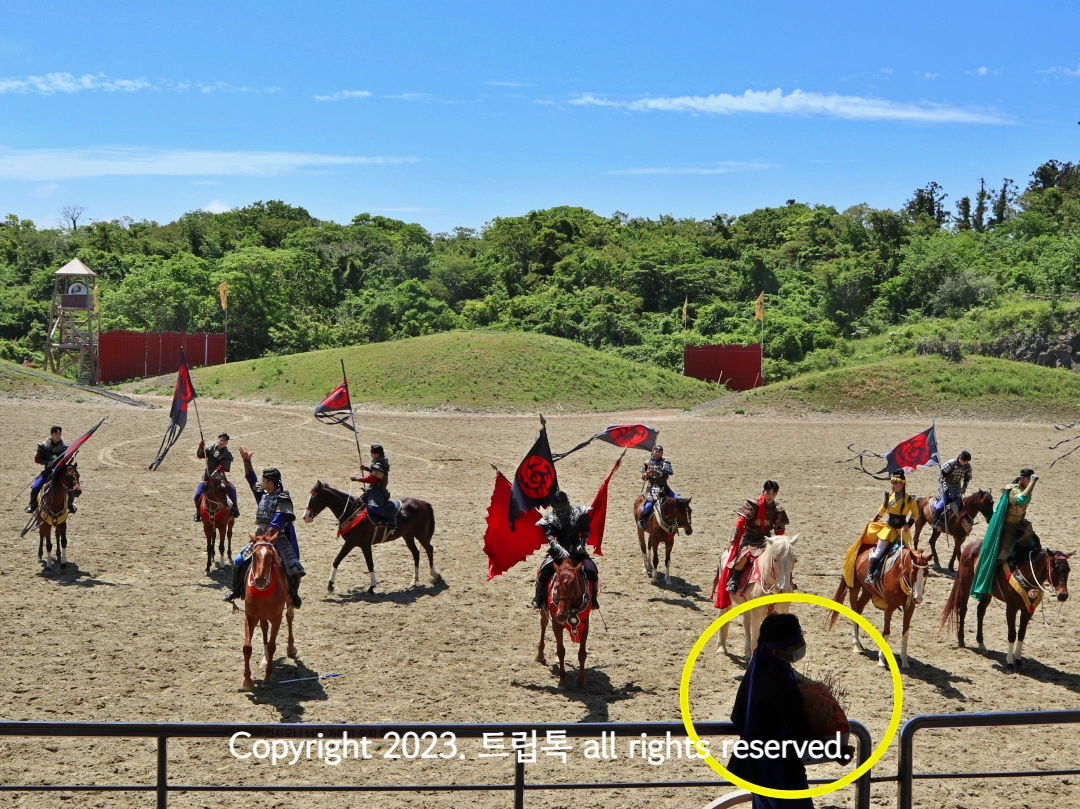 무대 인사를 하는 말과 출연배우 앞에 당근을 팔려고 나온 사람