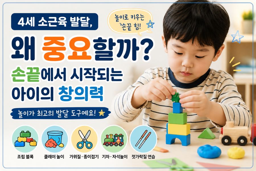 4세 아이 소근육 발달과 손끝 놀이 활동을 설명하는 블로그 썸네일 이미지