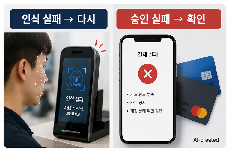 페이스페이 결제 안됨 상황에서 얼굴 인식 실패와 결제 승인 실패를 비교하는 이미지