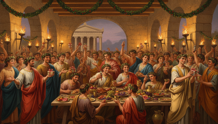 고대 로마의 사투르날리아 축제 장면. 토가를 입은 사람들이 선물을 교환하고, 연회를 즐기며 흥겨워하는 모습.