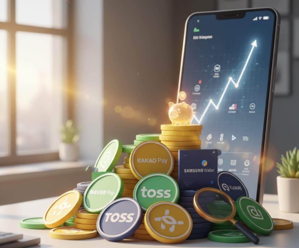 스마트폰 금융 앱에 뜬 상승 그래프와 그 앞에 저금통, 돋보기, 그리고 여러 핀테크 플랫폼을 상징하는 로고가 새겨진 동전들이 쌓여 있는 이미지. 포인트 재테크를 통한 자산 증식을 시각적으로 표현