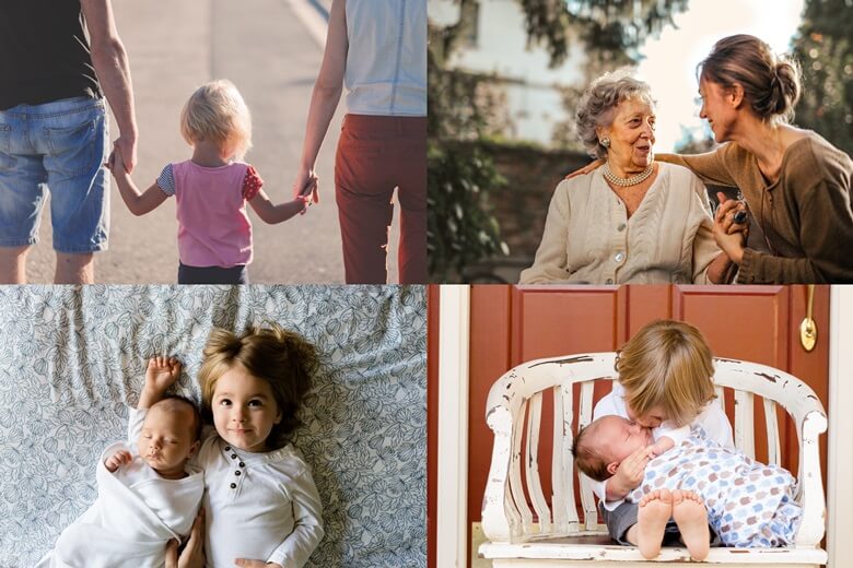 상단좌측부터 엄마와 아빠 양쪽 사이에 어린아이가 양손으로 왼쫀은 아빠손, 오른쪽은 엄마손을 잡고 걸어가고 있는 뒷모습과 연세가 지긋하신 할머니와 딸이 서로 마주보며 웃으면서 이야기를 나누는 모습이며, 하단좌측부터 4살정도 되어보이는 여자 아이가 갓 태어난 갓난아기를 침대에서 오른쪽 팔에 머리를 기댄채 자고있고 4살 여자아이가 웃음을 띈 모습과 조금 큰 의자위에 4살정도로 보이는 남자아이가 갓난아기를 무릎위에 눕혀놓고 볼에 뽀뽀를 하고 있는 모습