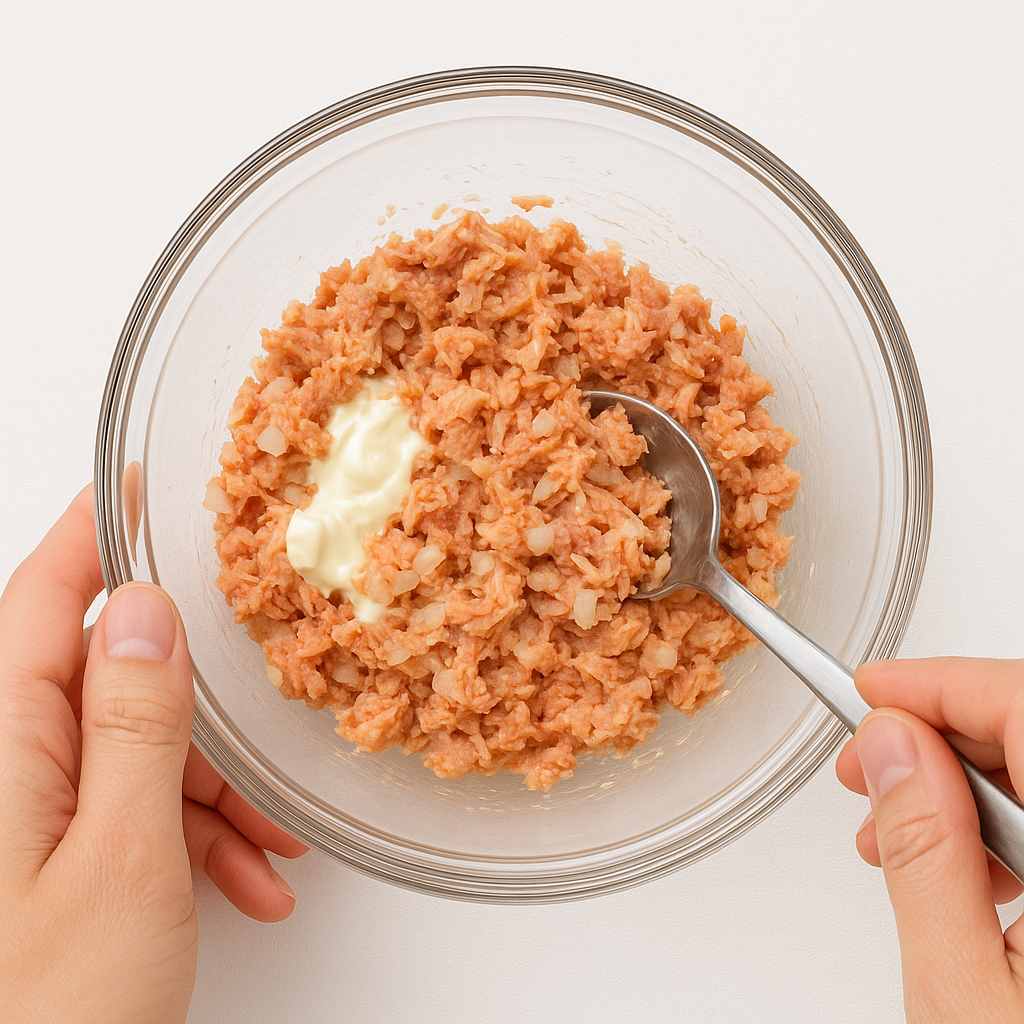 참치를 마요네즈, 다진 양파와 섞어 간단한 참치무스를 만듭니다.