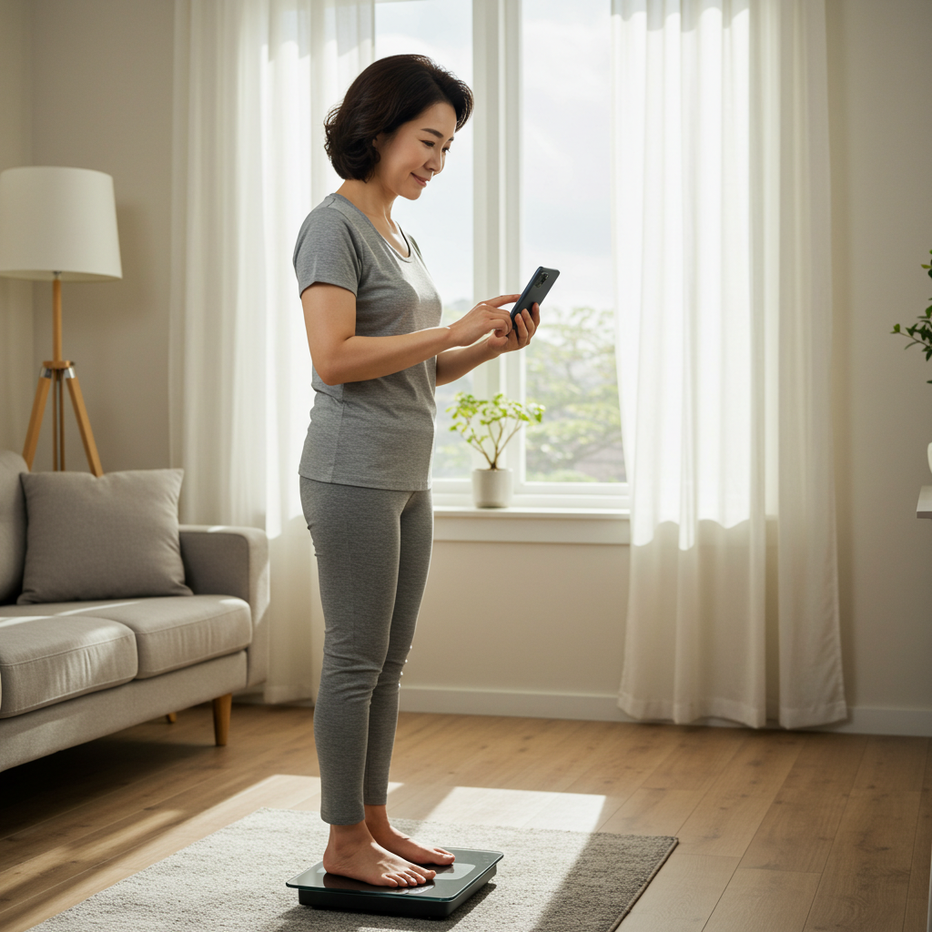 스마트 체중계 위에서 스마트폰 앱으로 체지방 감량 등 긍정적인 신체 변화 데이터를 확인하며 만족스럽게 미소 짓는 여성