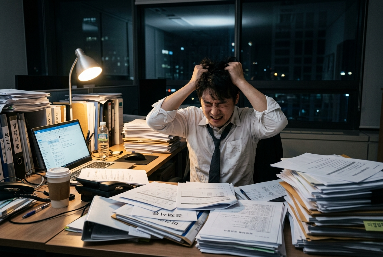 늦은 밤까지 서류 더미 속에서 머리를 쥐어뜯으며 극심한 스트레스에 시달리는 직장인의 모습
