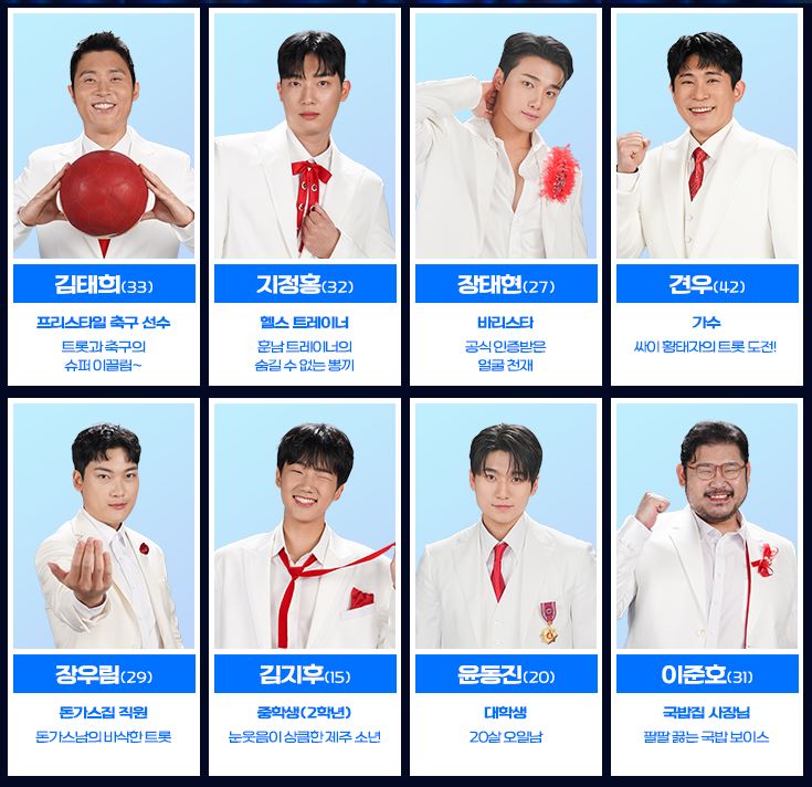 미스터트롯3 참가자 김태희, 지정홍, 장태현, 견우, 장우림, 김지후, 윤동진, 이준호의 사진과 직업 및 특징이 적혀있다.