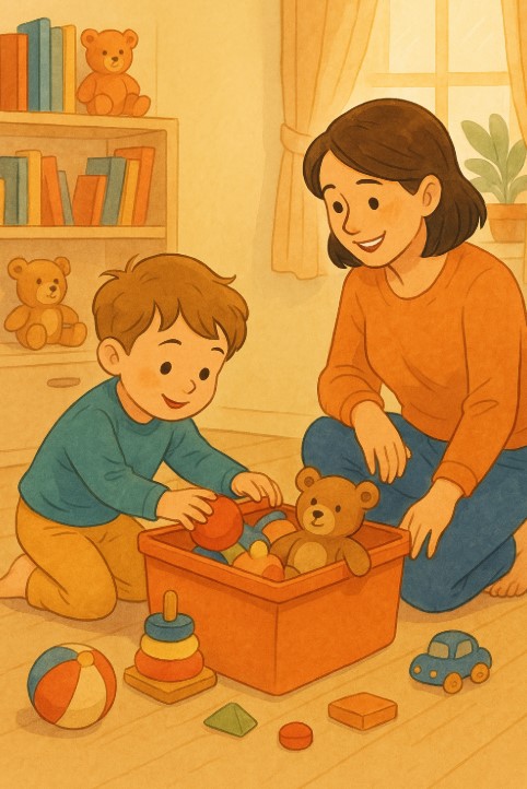 장난감을 정리하는 아이와 이를 따뜻하게 바라보는 엄마의 모습