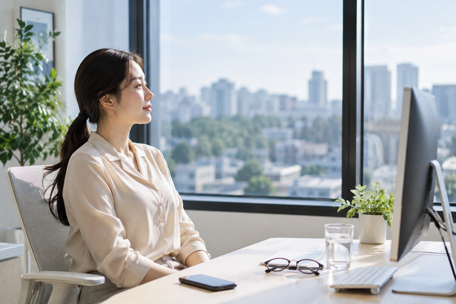 스마트폰 화면에서 시선을 떼고 창밖 먼 곳을 바라보며 눈을 쉬는 여성