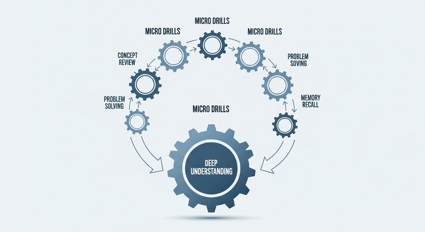마이크로 드릴을 통해 지속적으로 이해도를 점검하고 지식을 심화하는 학습 루프를 표현한 인포그래픽.