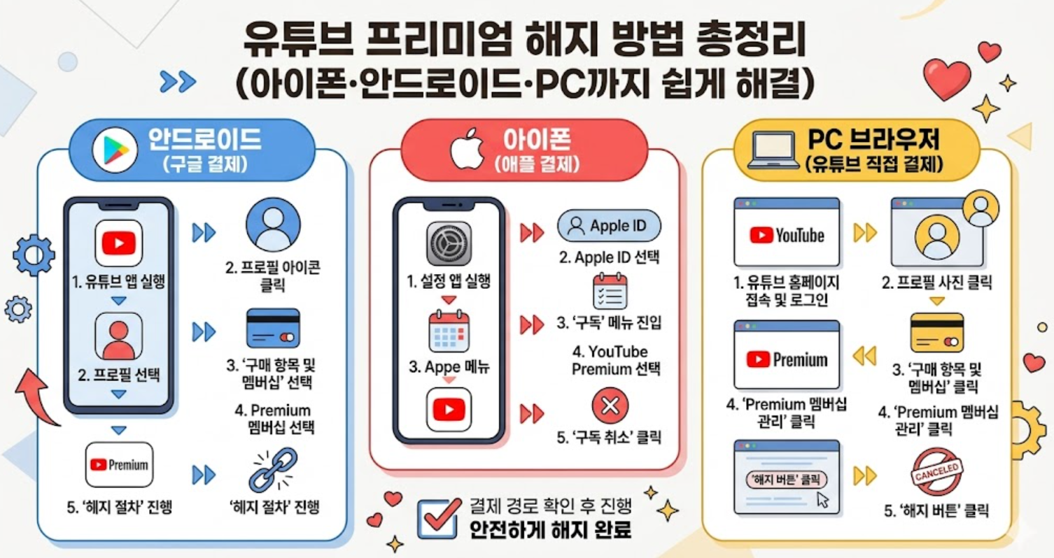 유튜브 프리미엄 해지 방법 총정리 (아이폰&middot;안드로이드&middot;PC까지 쉽게 해결)