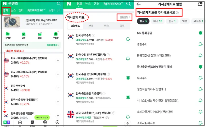 네이버알림-경제지표-알림받기-설정-순서