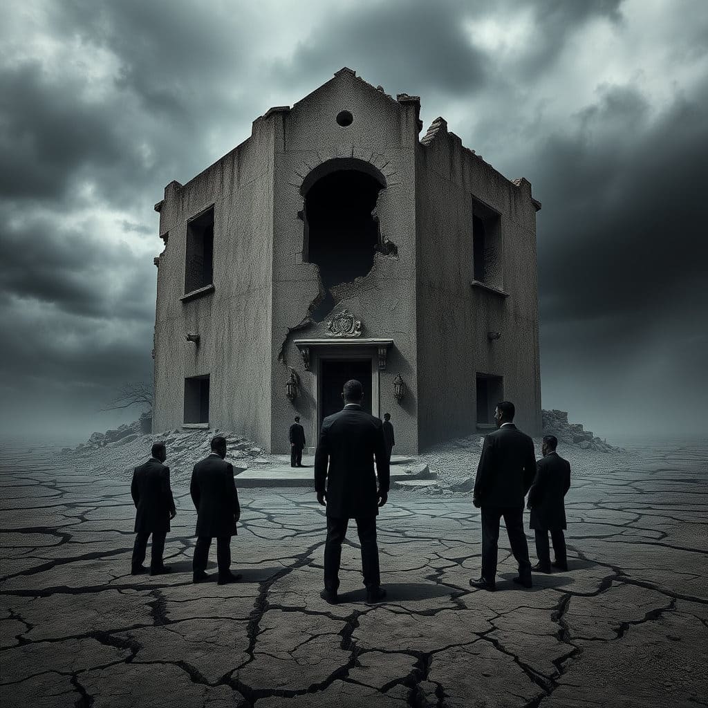 무너져가는 건물, 갈라진 땅, 또는 서로 불신하며 등을 돌리고 있는 사람들 사이로 어둡고 탁한 기운이 퍼져나가는 모습을 표현합니다. 색상은 회색, 검정색, 탁한 갈색 등을 사용하여 부정적인 분위기를 연출하고, 왜곡되거나 불안정한 구도를 통해 사회 기반이 흔들리는 느낌을 줍니다. 비유적인 표현으로, 신뢰가 깨지고 불공정이 만연한 상황을 시각적으로 보여줍니다.