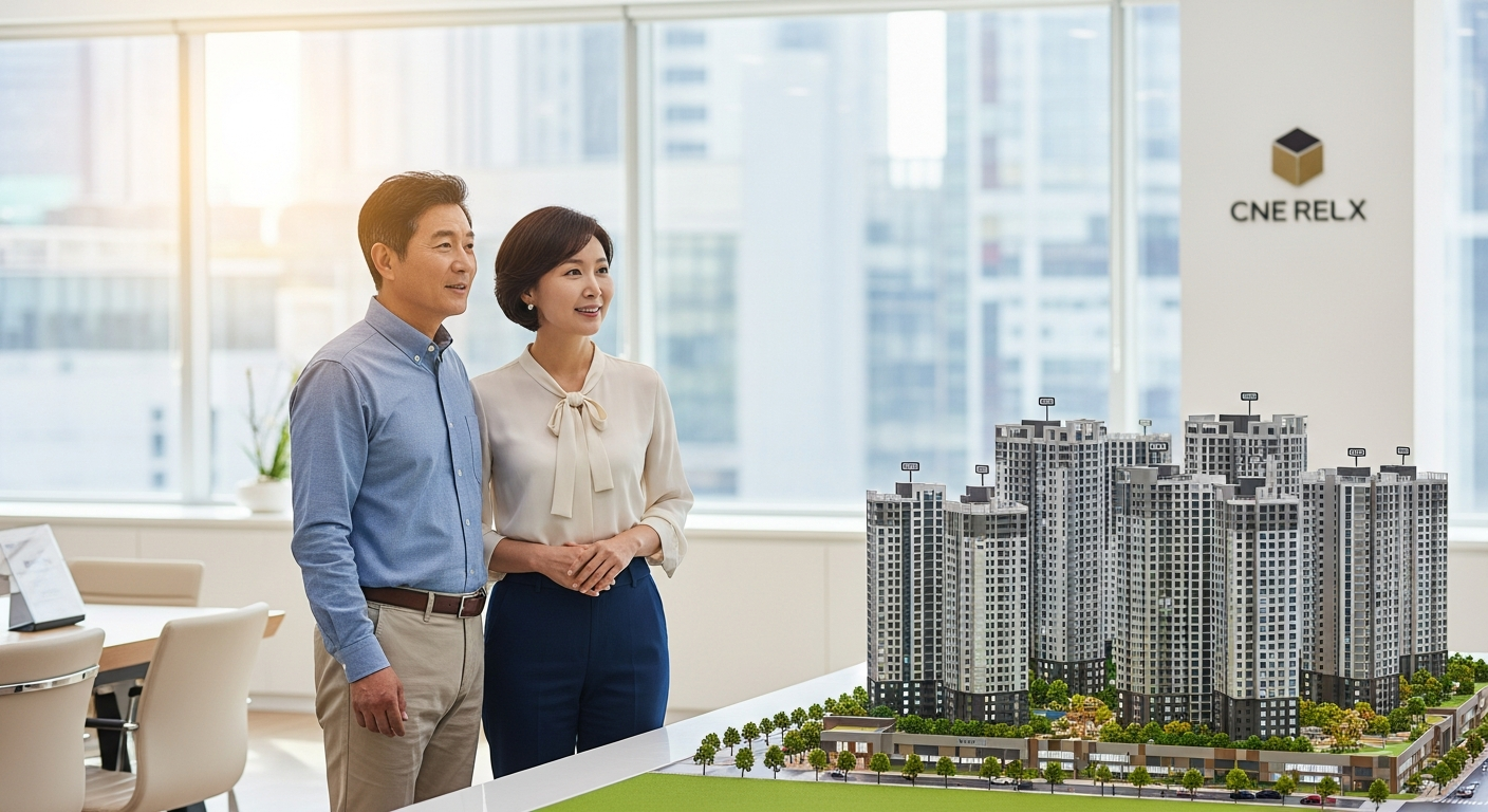 스마트 캐주얼 차림의 50대 한국인 부부가 최신 아파트 단지 모형을 자신감 있게 바라보고 있는 모습으로, 50대의 청약 시장에서의 유리함을 상징합니다.