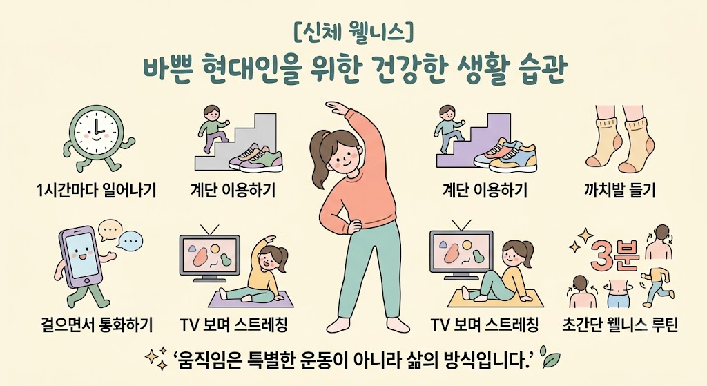 [신체 웰니스] 바쁜 현대인을 위한 건강한 생활 습관을 주제로 한 파스텔톤 일러스트. 중앙의 스트레칭하는 여성 캐릭터를 중심으로 시계(1시간마다 일어나기), 계단 오르기(계단 이용하기), 까치발 들기, 스마트폰(걸으면서 통화하기), TV 보며 스트레칭, 3분 초간단 웰니스 루틴 등 5가지 건강 습관을 귀여운 벡터 아이콘과 캐릭터로 표현한 인포그래픽 이미지.