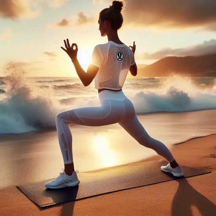 바닷가에서 요가를 하고 있는 여자의 뒷 모습