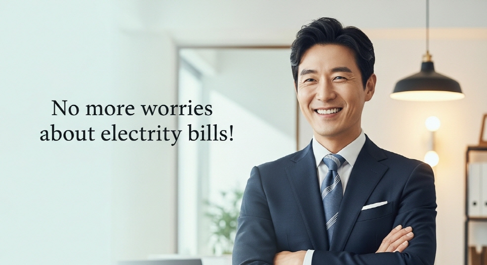 &ldquo;전기요금도 이젠 걱정 끝!&rdquo; 문구와 함께 웃는 사장