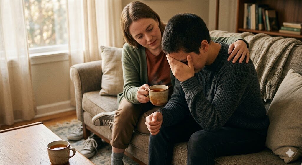 A close-up shot of one person gently patting a grieving friend's shoulder and offering comfort with empathy.