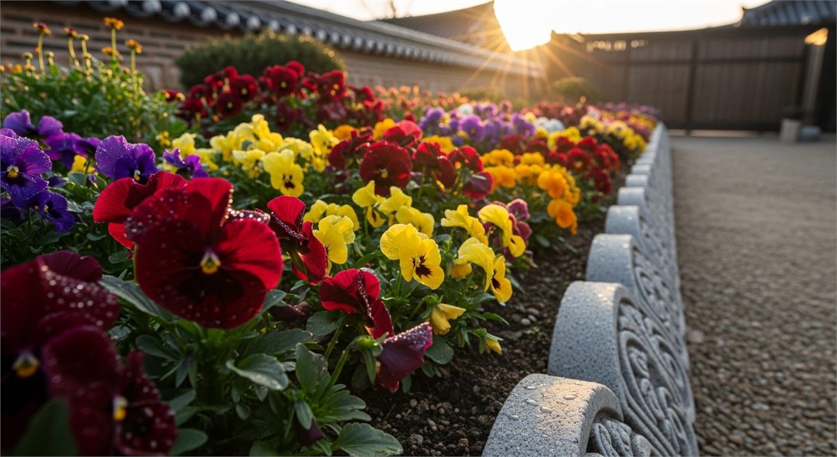 퍼스트가든 꽃밭 가장자리의 색감이 돋보이는 근접 풍경 