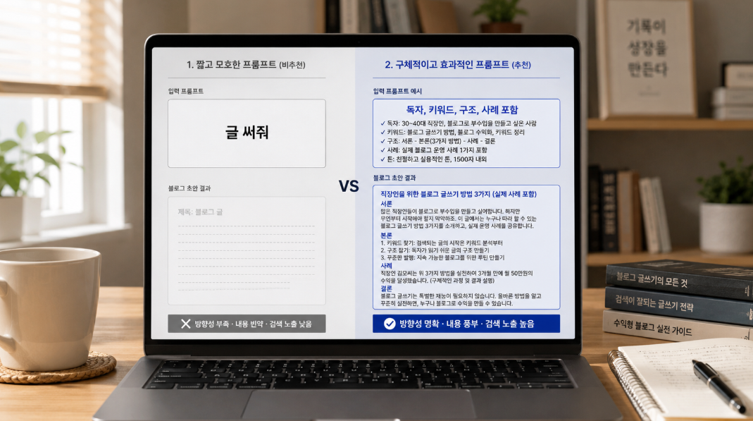 나쁜 AI 프롬프트와 좋은 블로그 글쓰기 프롬프트를 비교하는 화면