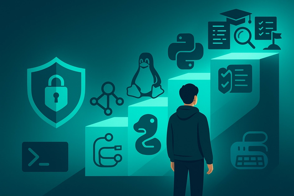 정보보안 로드맵 계단 앞에서 공부를 시작하는 비전공자의 뒷모습과 리눅스, 파이썬, 보안 아이콘이 배치된 일러스트