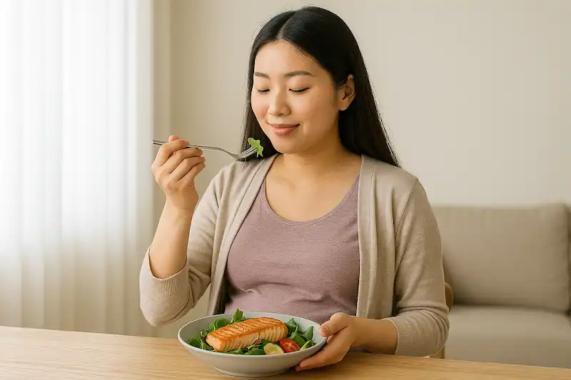 단백질, 오메가-3, 엽산이 풍부한 식단으로 식사 장면