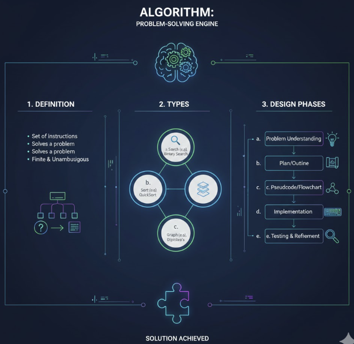 문제 해결을 위한 알고리즘의 정의, 유형, 설계 단계를 체계적으로 정리하여 보여주는 인포그래픽 다이어그램