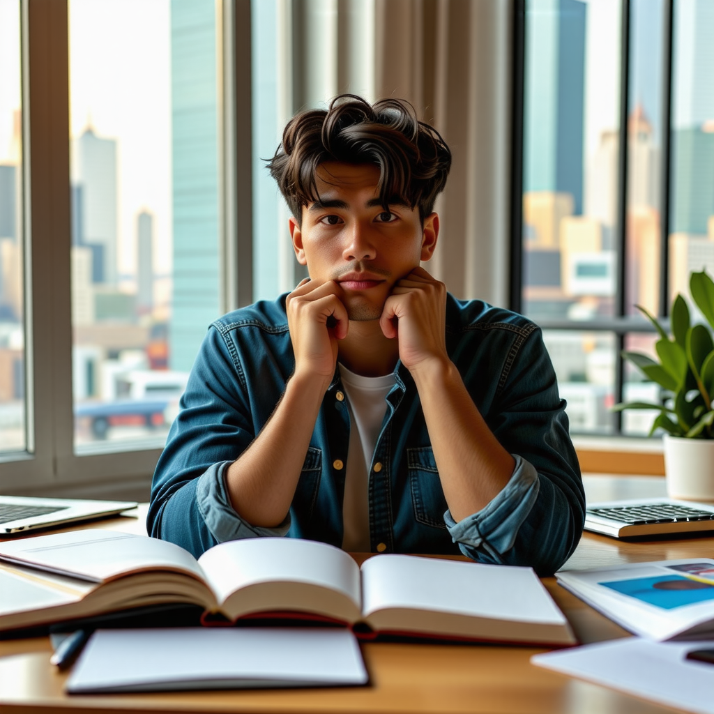 경영대학원 진학과 직무 경험 쌓기 중 고민하는 학생의 모습