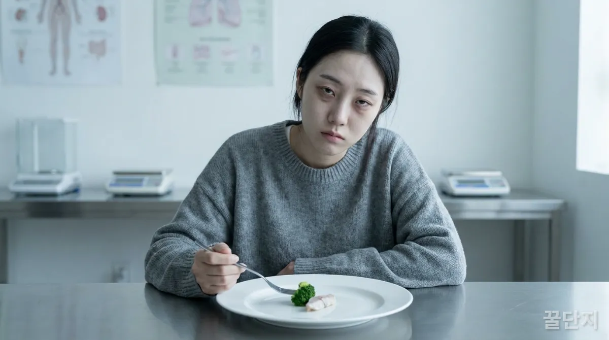 지친 표정으로 극도로 적은 양의 음식을 들고 있는 한국 여성