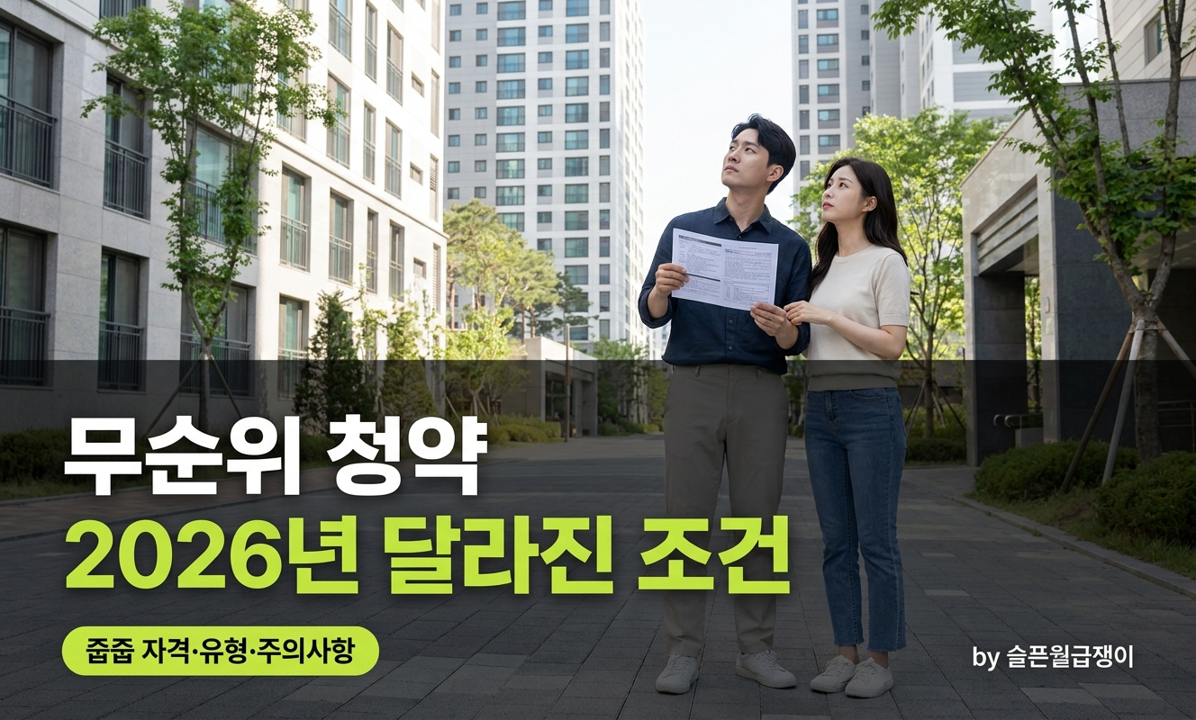아파트 단지를 바라보며 청약 서류를 검토하는 직장인 부부