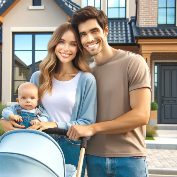 유모차와 함께 새 집 앞에 서서 청년·다자녀 지원 혜택에 기뻐하는 젊은 부부의 초고해상도 사진