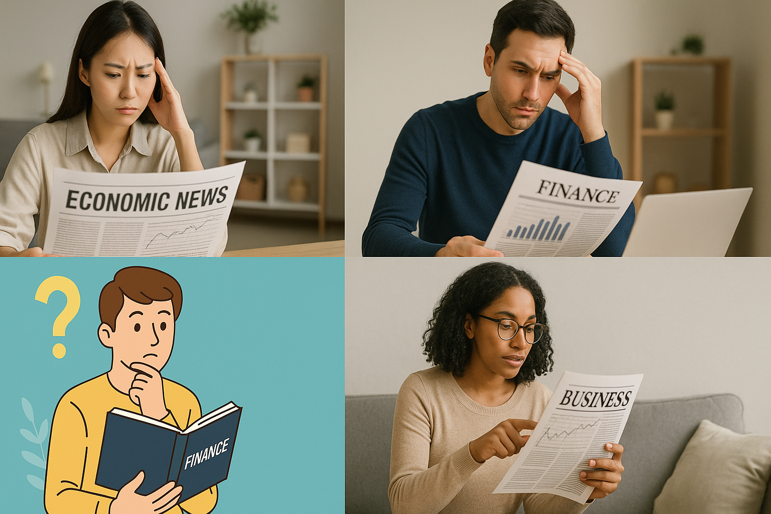 경제 뉴스나 금융 정보를 이해하기 어려워하는 초보자들을 표현한 이미지
