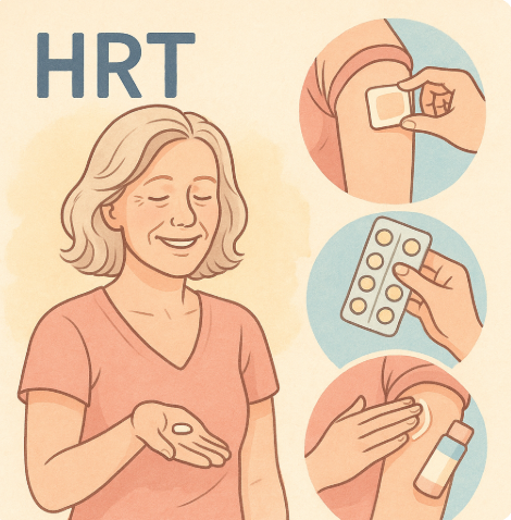HRT의 다양한 제형(경구용 정제, 피부 패치, 겔)과 치료 받는 여성의 모습