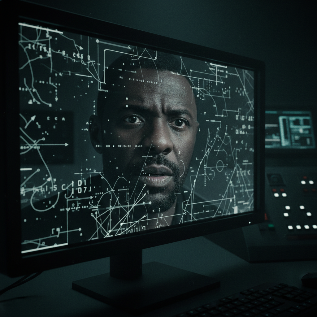 어두운 관제실에서 불안한 표정으로 컴퓨터 화면을 응시하는 인물. 심리 스릴러 영화 속 긴장감 넘치는 한 장면.