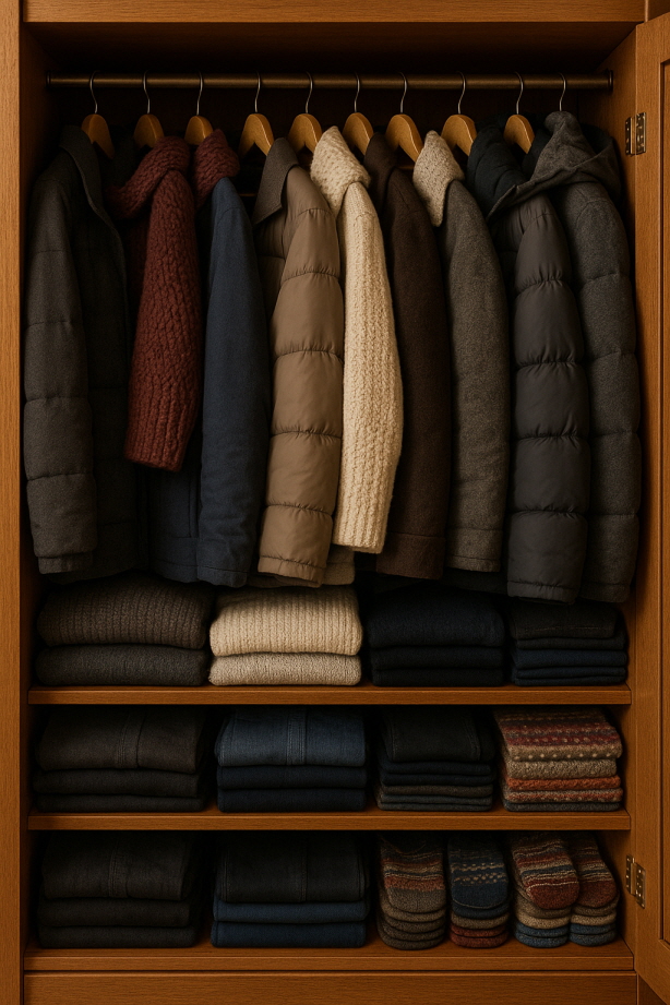 겨울 외투, 니트, 바지, 양말이 가지런히 정리된 나무 옷장. 옷걸이에 두툼한 코트와 스웨터가 걸려 있고, 아래 선반에는 접힌 바지와 양말이 꽉 차게 채워져 있다.