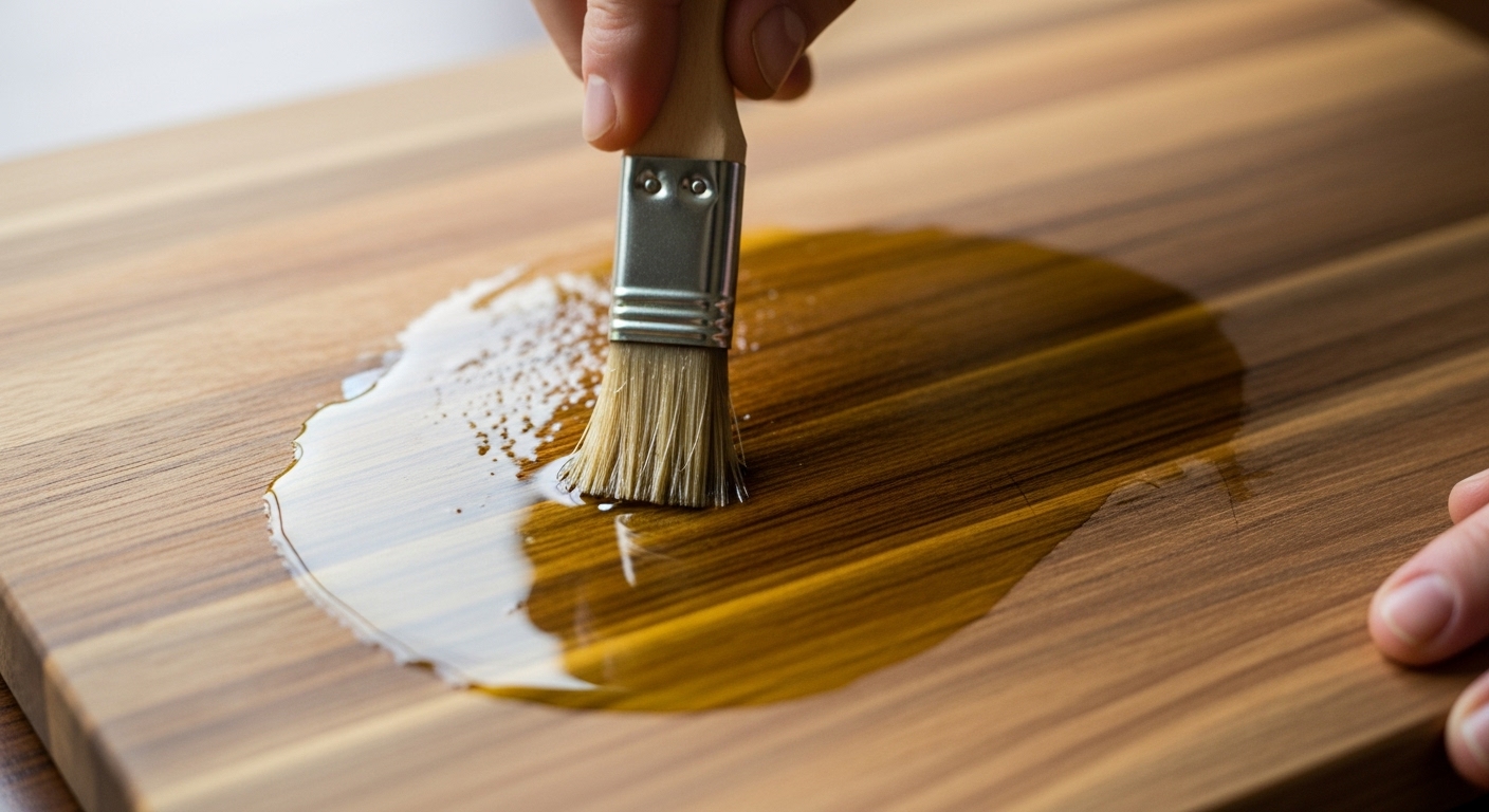 올리브오일을 바르고 있는 나무 도마. 시즈닝으로 더욱 깊어진 나무의 색깔과 질감.