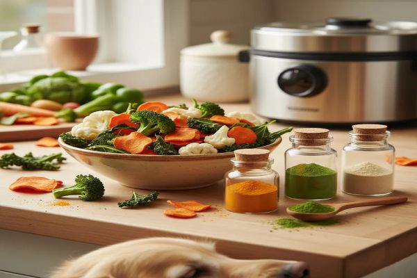 싱싱한 당근, 브로콜리, 콜리플라워, 양배추, 고구마 등 여러 가지 야채칩이 나무 바구니에 담겨져 있고 그 옆으로 곱게 갈린 야채 파우더가 3개 유리병에 각각 나눠 담겨져 있다.