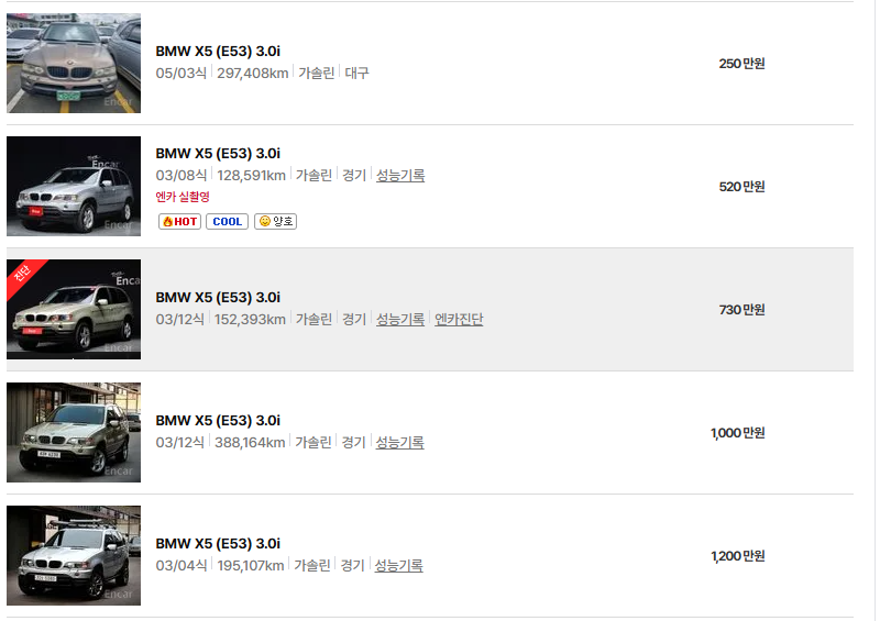 BMW X5 중고차 가격 시세표 고속 시내 연비