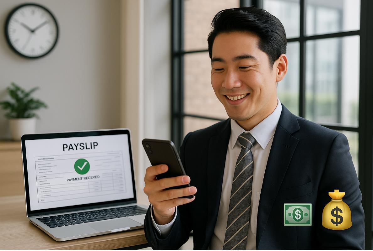 직장인이 스마트폰으로 급여 입금 알림을 확인하며 미소 짓는 장면