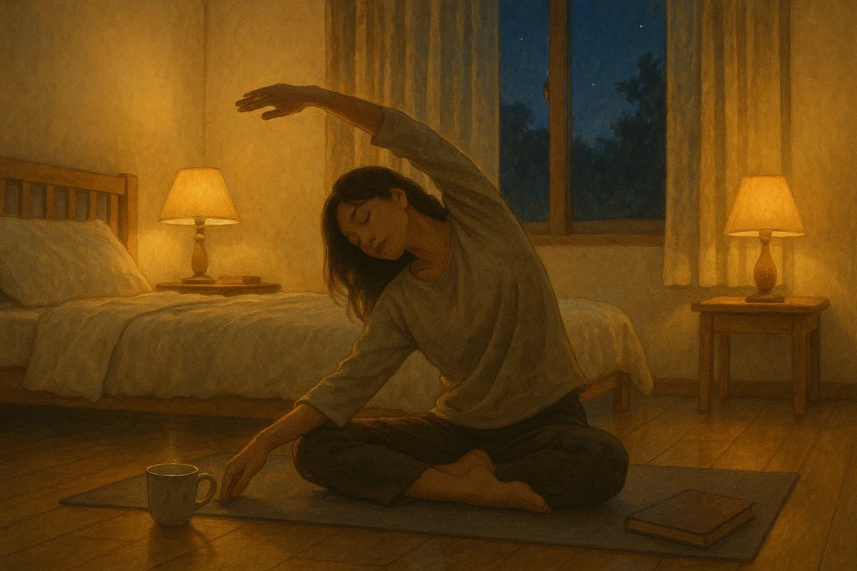 일요일 저녁 침실에서 편안하게 스트레칭하는 모습, 따뜻한 조명과 함께 차분한 분위기 연출, 월요병 예방 루틴의 평온함을 시각화