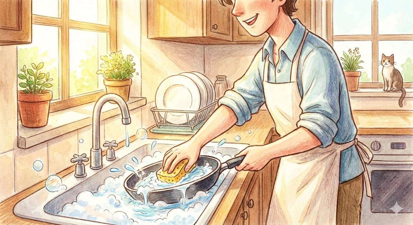 프라이팬을 설거지하는 모습