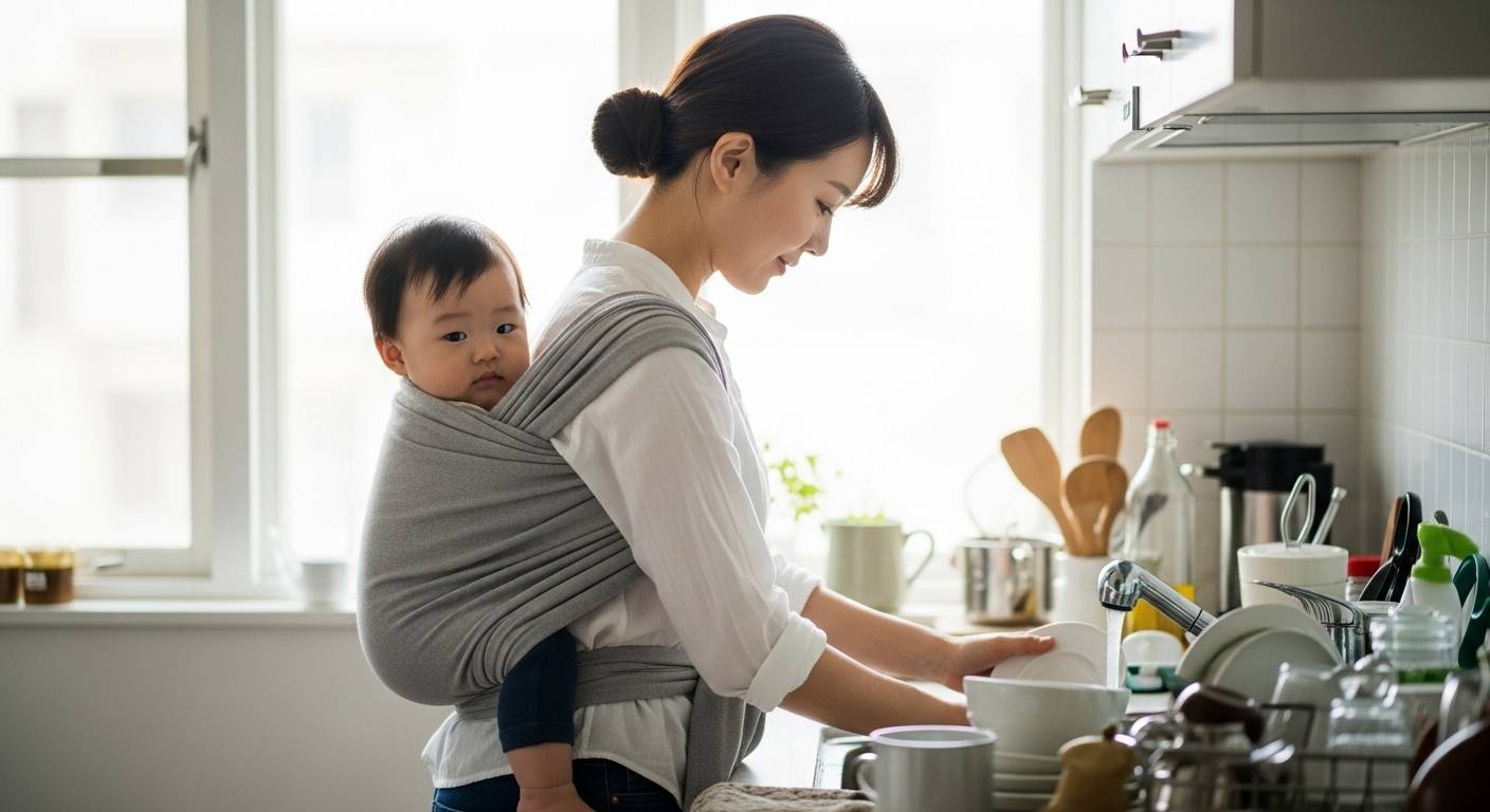 아기 업고 설거지하는 엄마