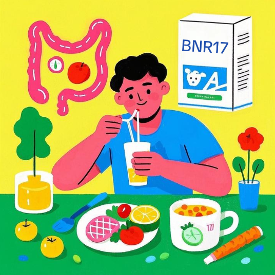 장 건강을 상징하는 이미지가 배치된 배경 앞에서 한 사람이 건강한 식사를 하면서 BNR17을 섭취하는 모습